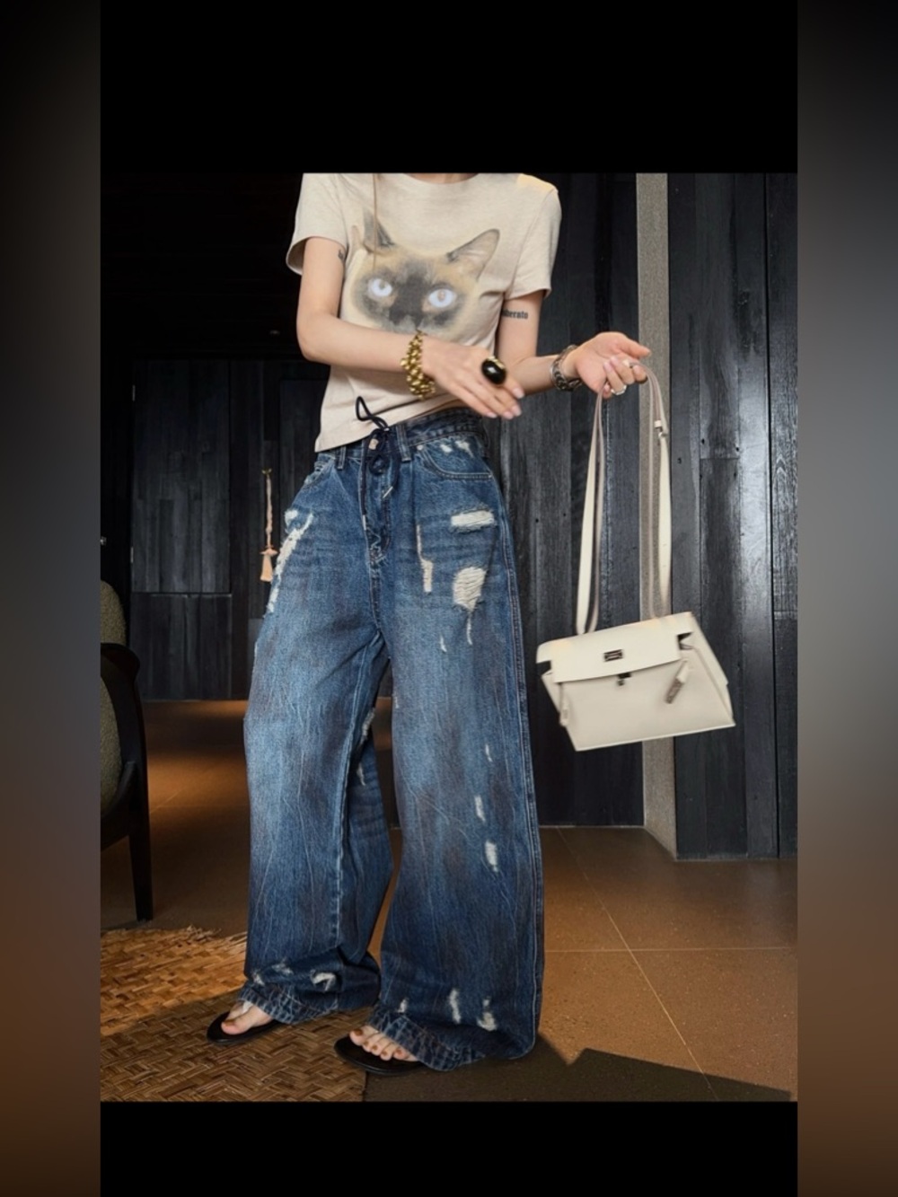 Women Y2K Ripped Lazy‎ Loose Jeans For Women
 Light Blue Boyfriend Jeans